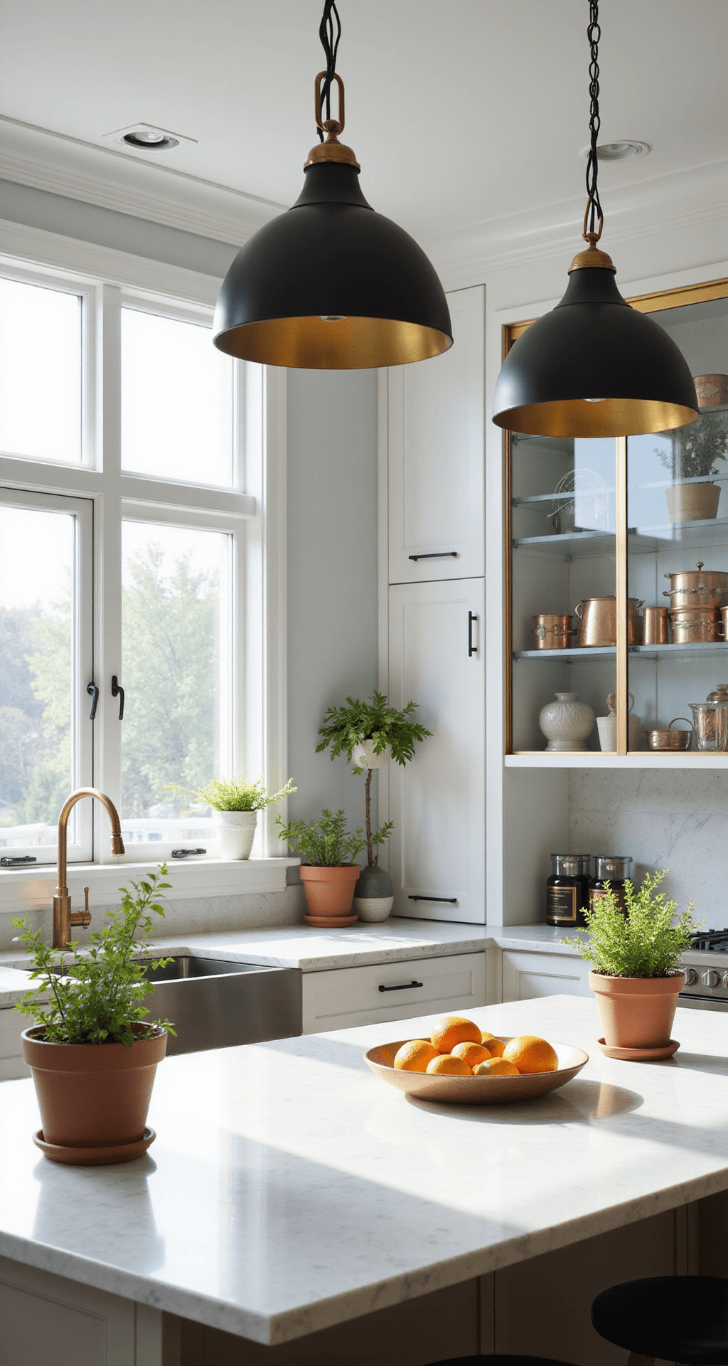 A modern kitchen illuminated by morning light, featuring clear glass upper cabinets, white quartz countertops, and a marble-topped island with brass-accented pendant lights. Decorated with copper cookware, artisanal ceramics, fresh herbs in terra cotta pots, and a bowl of citrus fruits.