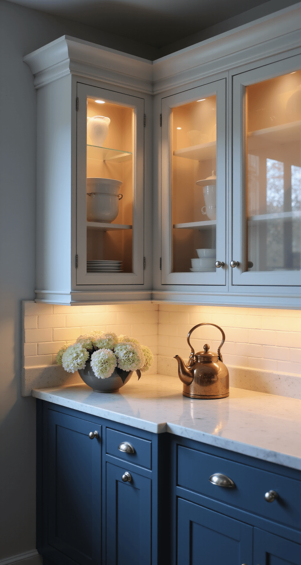 Intimate kitchen scene featuring frosted glass cabinet doors illuminated by warm LED lighting, slate blue lower cabinets, and pearl gray walls, showcasing elegant dishware silhouettes. Styled with a vintage copper kettle and white hydrangeas on Carrara marble counters, shot from a corner angle with dramatic brushed nickel hardware.