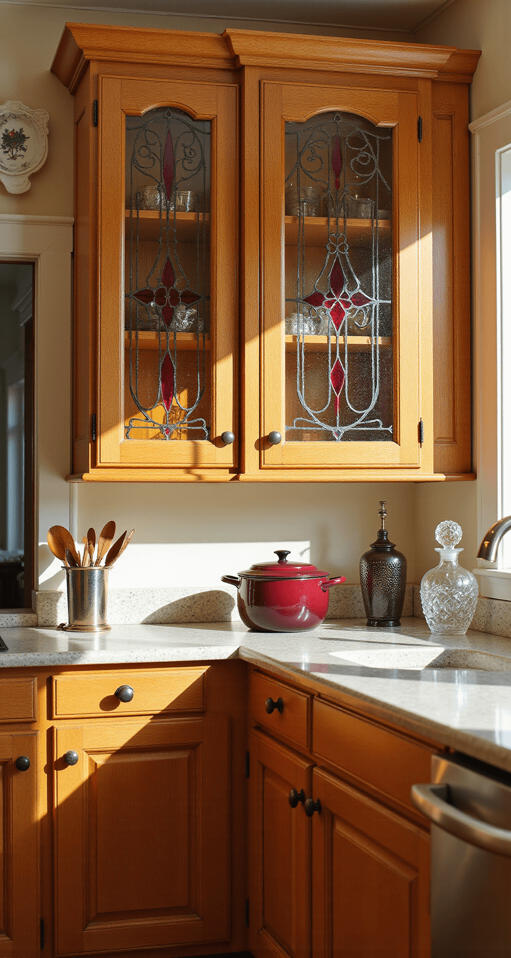 A sunlit traditional kitchen featuring stained glass cabinet inserts in amber, ruby, and sapphire, with golden oak frames and Victorian patterns, casting colorful projections on cream walls. Elevated wide-angle view highlights antique brass hardware, burgundy Le Creuset cookware, vintage tea sets, and crystal decanters.