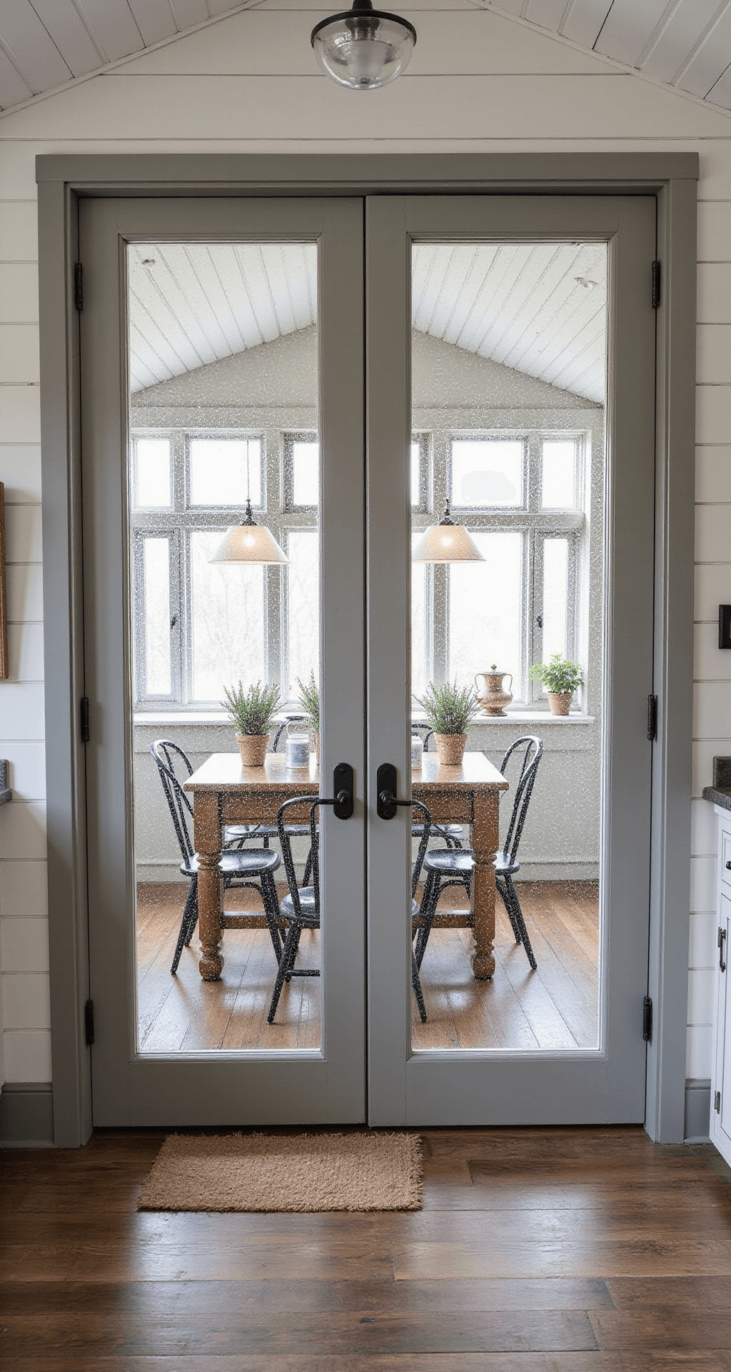 Rustic farmhouse kitchen with cathedral ceiling, seeded glass cabinet doors in weathered gray, white shiplap walls, and dark hickory floors; natural light highlights the textured glass filled with vintage enamelware and mason jars, styled with dried lavender and antique copper vessels.