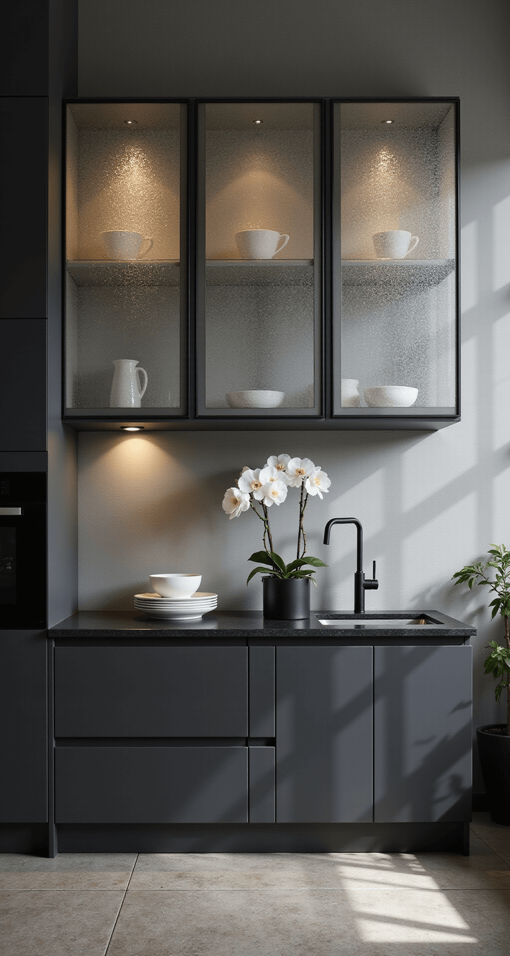 Modern kitchen featuring textured rain glass cabinets in a minimalist design, illuminated by evening LED spots that cast dramatic shadows. The space includes charcoal lower cabinets and floating upper units, with a three-quarter view highlighting geometric light patterns. Monochromatic white dinnerware and black matte accessories are elegantly styled with architectural orchids.
