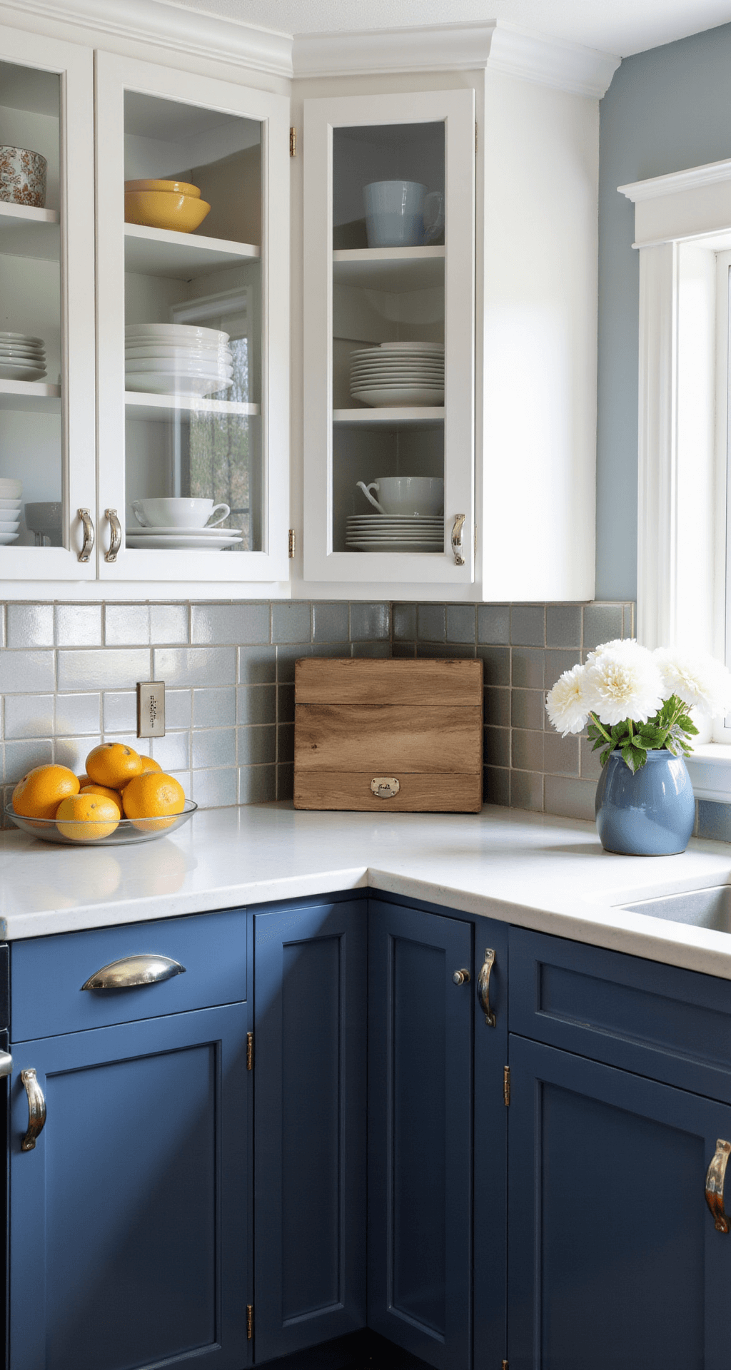 A bright corner kitchen with mixed glass cabinet styles, featuring clear center panels and frosted side panels, enhanced by morning light reflecting off metallic backsplash tiles. White Shaker-style frames contrast with navy lower cabinets, shown from a diagonal angle that highlights depth. Professional fill lights amplify glass transparency, while color-coordinated dishware and chrome accents provide stylish touches. Fresh white peonies add a soft, organic element to the scene.