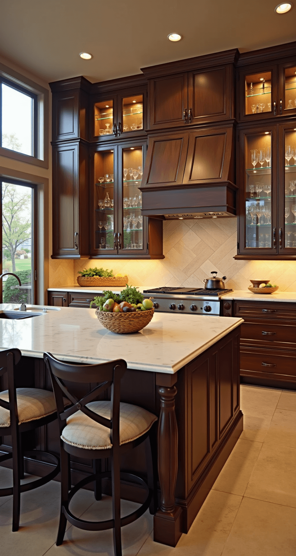 A luxurious chef's kitchen featuring floor-to-ceiling glass-front cabinets in dark walnut, illuminated by golden hour light from western windows. The center island showcases a waterfall quartz countertop, with premium cookware and crystal stemware displayed behind ultra-clear glass. Copper accessories and fresh market produce in woven baskets enhance the warm, inviting atmosphere, captured in a vertical composition using a tilt-shift lens.