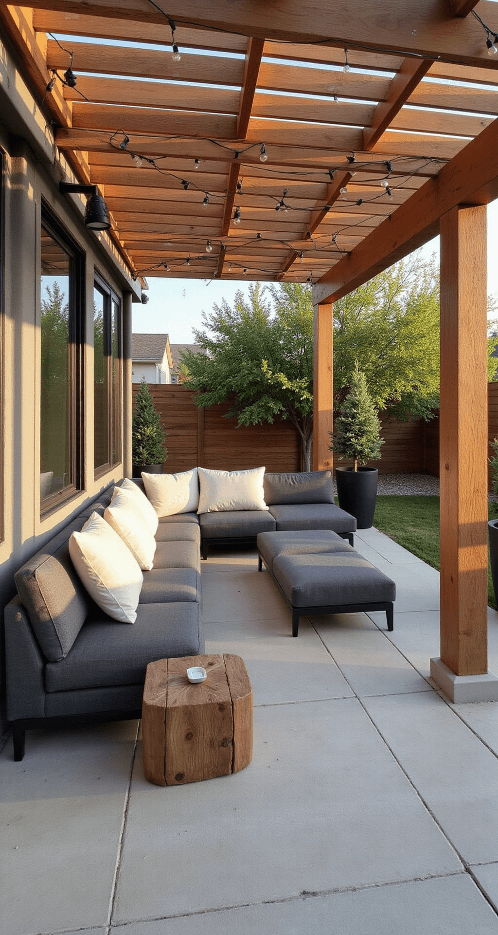 A modern pergola scene at golden hour featuring a cedar pergola casting geometric shadows on light travertine tiles, a charcoal grey L-shaped sectional with ivory cushions, weathered teak side tables, string lights overhead, and potted olive trees in matte black planters, captured from a low angle with warm backlighting.
