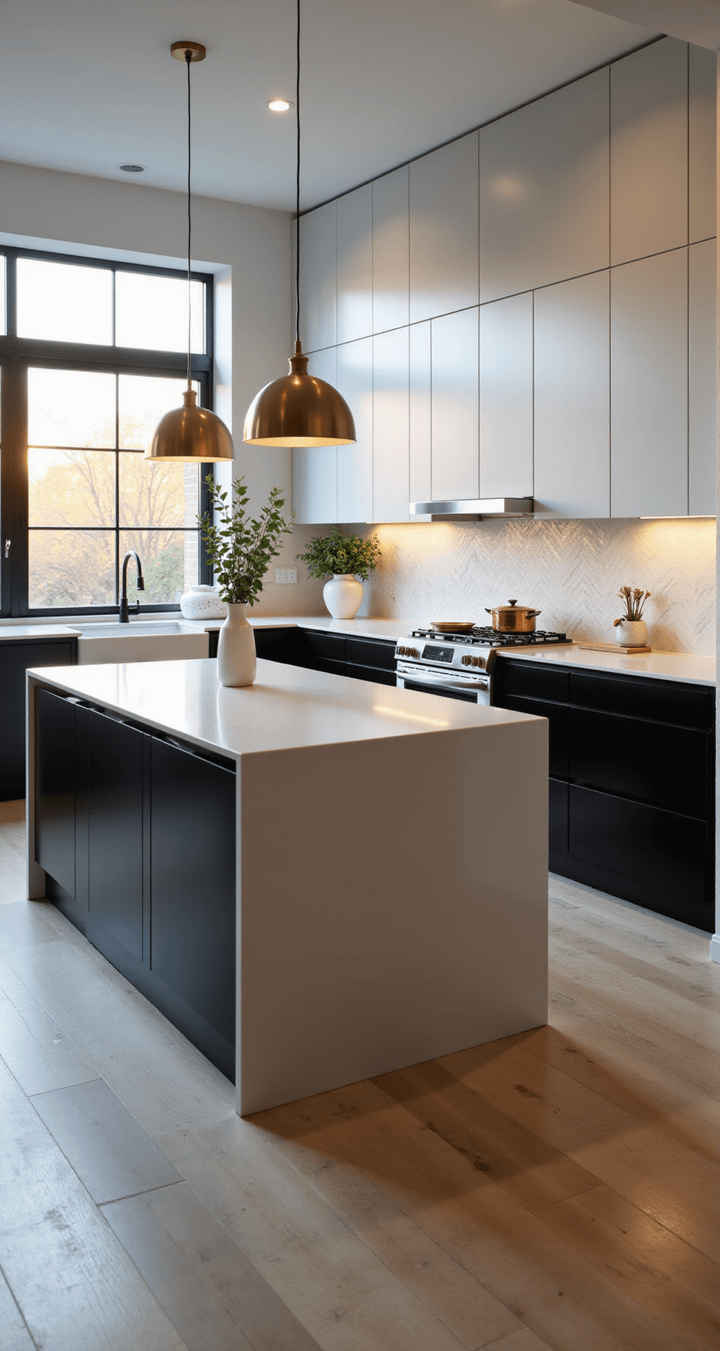 Interior view of a modern two-tone kitchen with glossy black lower cabinets and crisp white upper cabinets, highlighted by warm golden hour light from floor-to-ceiling windows; features a large white quartz waterfall island, brass pendant lights, marble herringbone backsplash, and minimal decor including copper cookware and eucalyptus vases, shot from a low corner angle with depth.