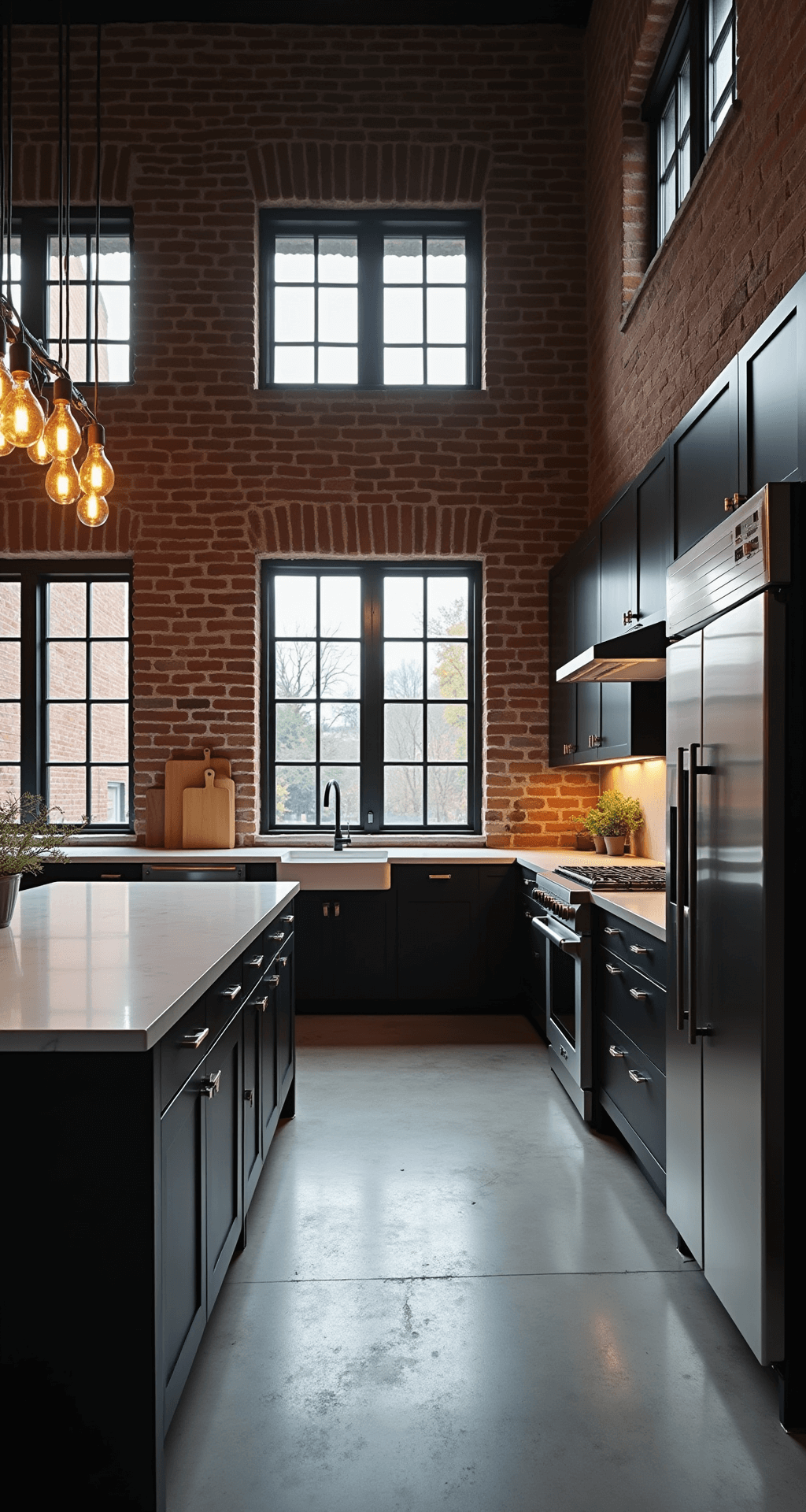 Industrial-style kitchen featuring exposed brick walls, matte black cabinets, a white shaker island, concrete floors, stainless appliances, and warm Edison bulb lighting, captured at blue hour.