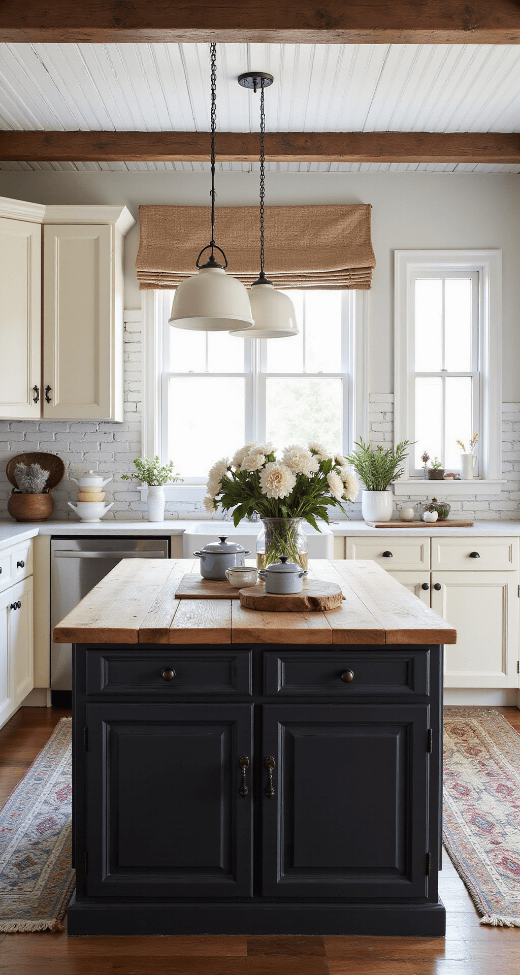 Overhead view of a farmhouse kitchen featuring a beadboard ceiling, distressed black and creamy white cabinets, a brick backsplash, and a butcher block island adorned with vintage enamelware and fresh flowers, illuminated by soft morning light and woven pendant shadows.