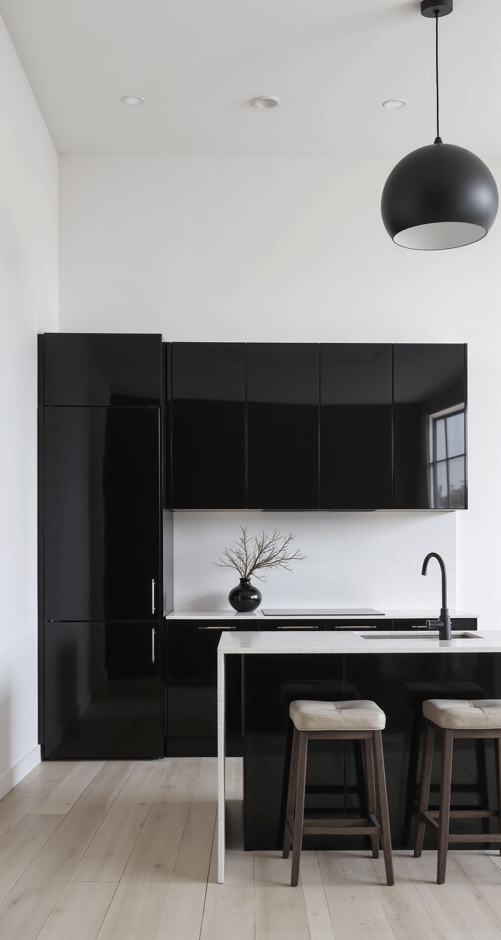 A minimalist kitchen featuring high gloss black cabinets and seamless white upper cabinets at an angle, with a single black ceramic vase holding a branch, lit by hard midday light for dramatic shadows.