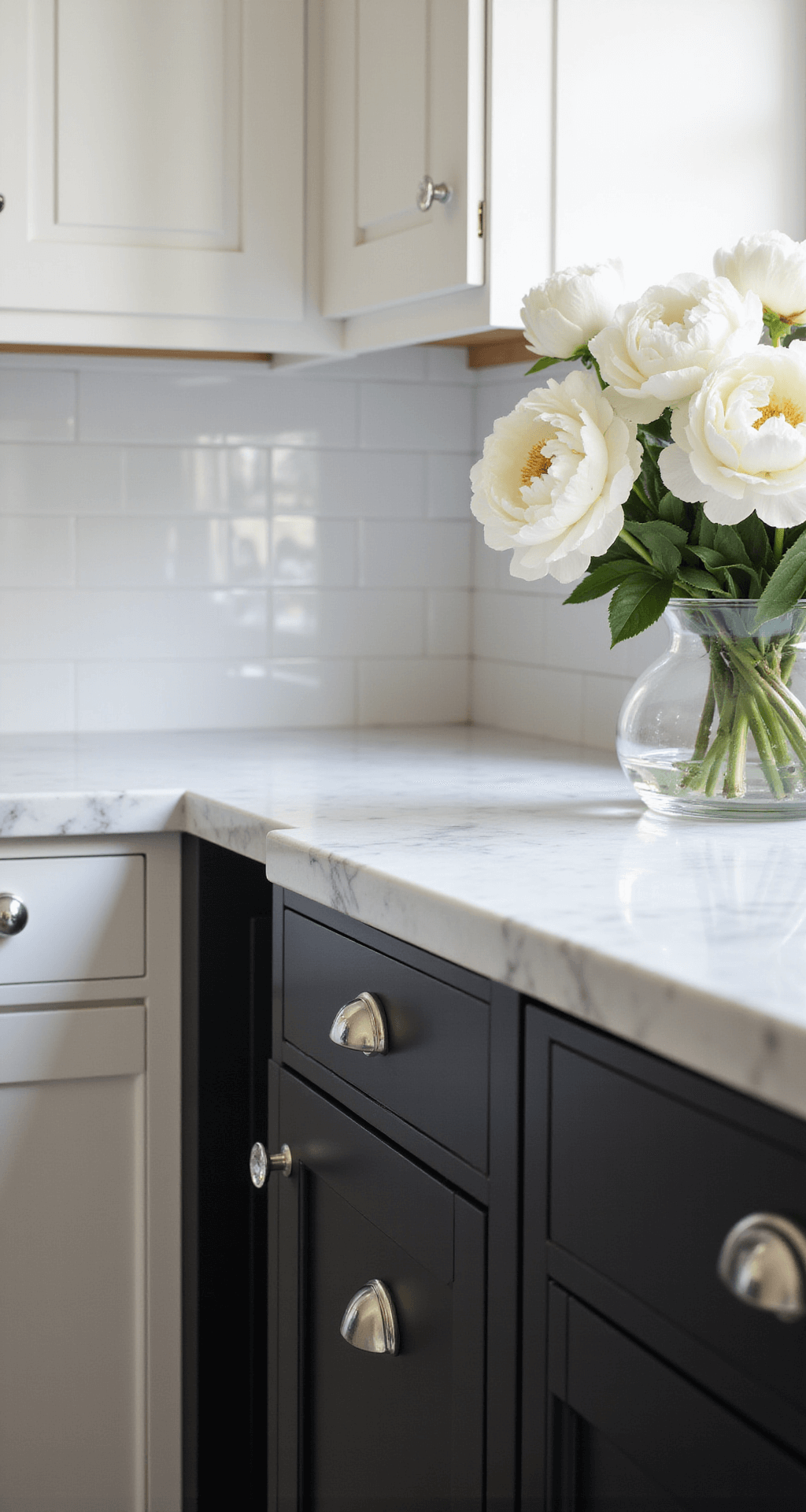 Close-up view of a classic black and white kitchen transition, featuring shaker-style soft black lower cabinets and bright white upper cabinets, polished nickel hardware, Calacatta marble backsplash and countertops with natural veining, crystal knobs reflecting light, and fresh white peonies in a clear glass vase, highlighting material textures and finishes with side lighting.