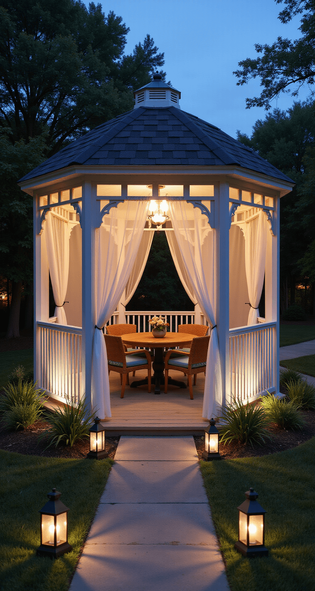 A dusk scene of a 12ft octagonal white aluminum gazebo illuminated by warm LED cafe lights, featuring a round teak dining table with six woven rattan chairs and seafoam cushions, surrounded by sheer white weather-resistant curtains. The view is captured from the entrance at eye level, with dramatic pathway lighting and dark bronze lanterns framing the entrance.