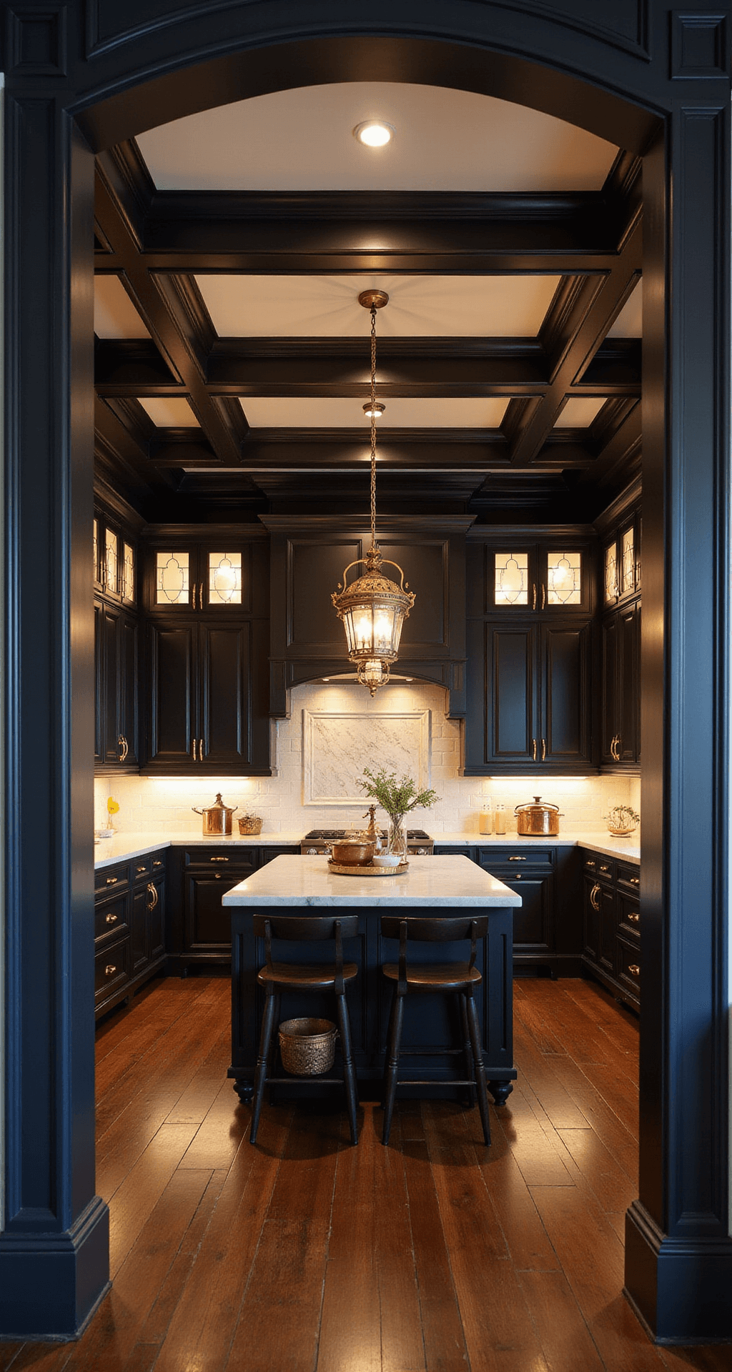 Wide shot of a traditional kitchen at dusk featuring coffered ceilings, black perimeter cabinets, a white center island, and warm illumination from antiqued brass lanterns, complemented by a marble subway tile backsplash and dark hardwood floors. Hurricane candles and copper cookware enhance the inviting atmosphere.