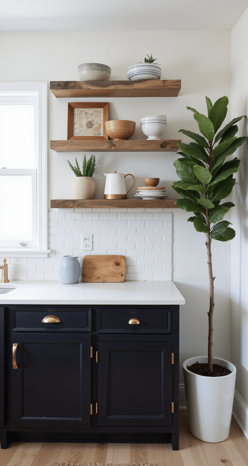 A modern eclectic kitchen bathed in morning light, featuring matte black lower cabinets and glossy white upper cabinets with open shelving filled with artisan ceramics. Brushed gold hardware contrasts with live edge wood floating shelves, while a fiddle leaf fig plant adds height to the scene.