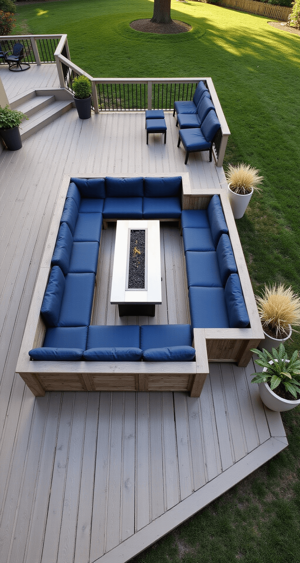 A spacious 24x18ft composite deck in warm grey tones features a rectangular brushed steel gas fire pit table at the center, surrounded by modular navy blue seating that can transition from a sofa to a dining setup. Built-in storage benches line the perimeter, and potted ornamental grasses catch the afternoon light, all viewed from an elevated corner to showcase the layout and flow of the space.