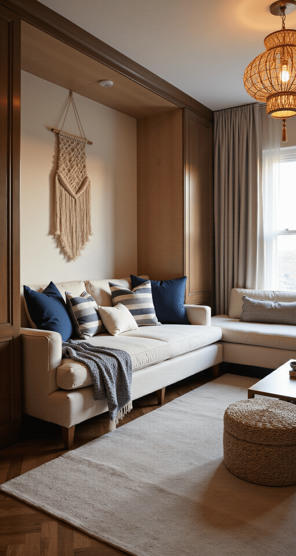 A cozy interior panorama at sunset featuring a Murphy bed folded up to reveal modular seating, illuminated by a warm glow from a rattan pendant light. A macramé wall hanging adds texture, complemented by navy and cream striped textiles. The herringbone LVP flooring and copper and brass accents enhance the inviting atmosphere.