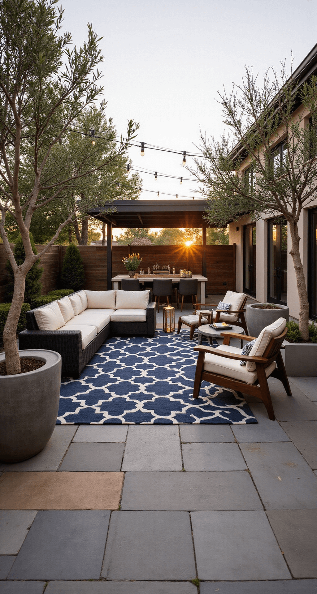 Contemporary patio at golden hour with layered seating zones, a charcoal sectional with cream cushions, weathered teak accent chairs, string lights above olive trees, a geometric navy and ivory outdoor rug, natural stone pavers, and copper lanterns, shot from a raised corner angle with a warm sunset glow.