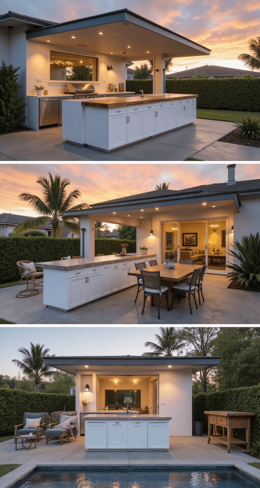 A wide-angle view of a stylish indoor-outdoor summer kitchen featuring pearl-white aluminum cabinets and stainless steel appliances, illuminated by golden hour light. The scene includes a live-edge wood bar, concrete countertops, and lush tropical plants, with reflections in glass sliding doors and warm LED ambient lighting enhancing the casual luxury mood.