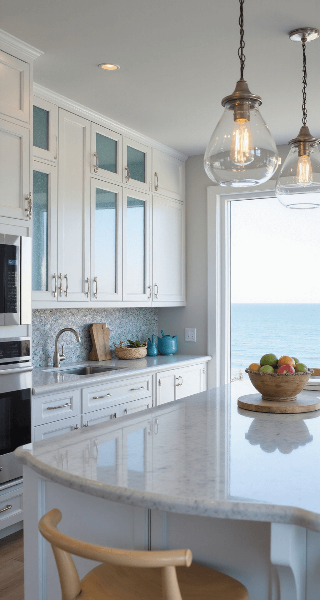 Coastal kitchen with pearl white aluminum cabinets and blue glass inserts, featuring a curved island and mother-of-pearl backsplash, illuminated by suspended glass pendant lights, against an ocean view backdrop.