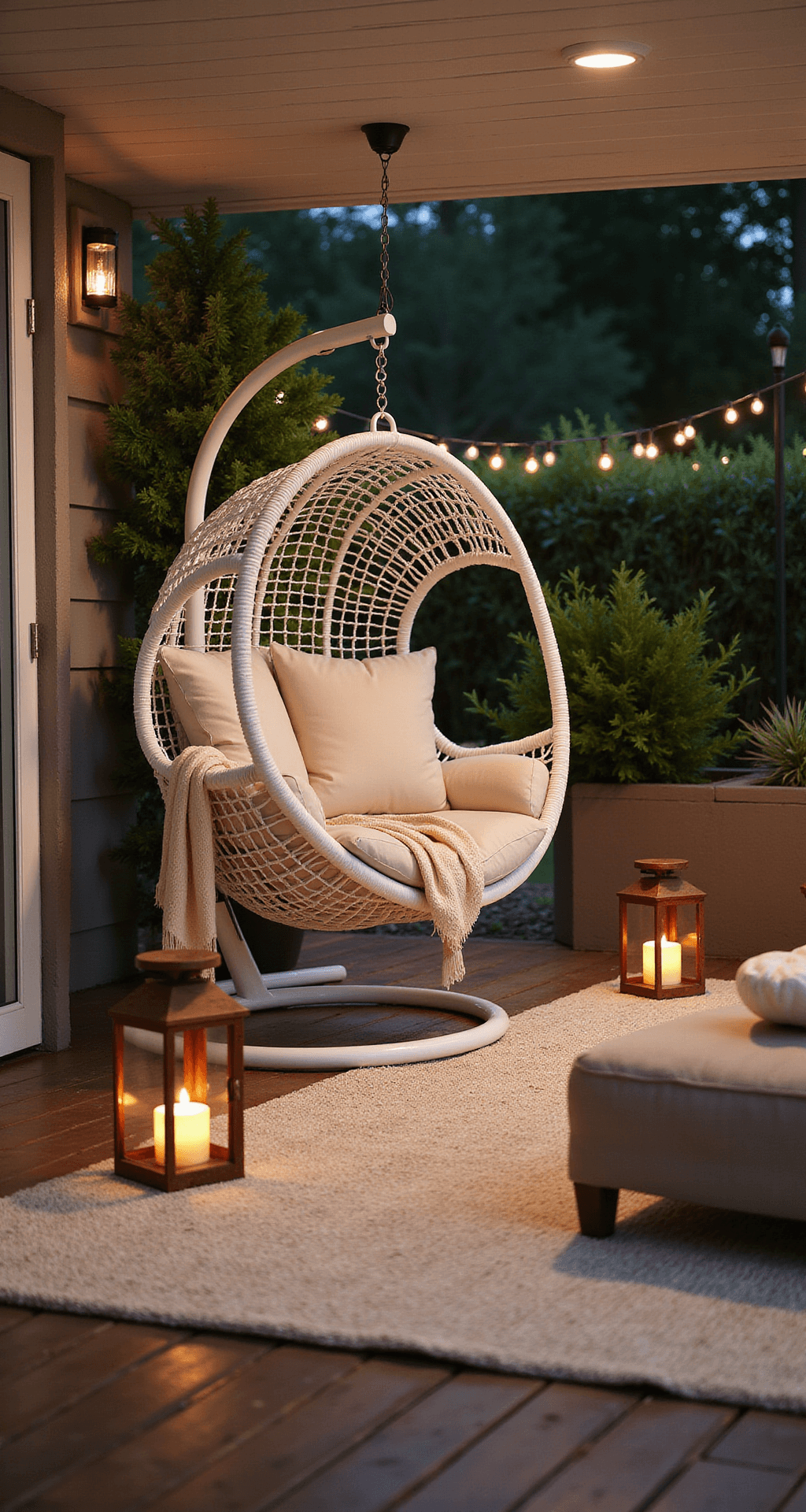 Twilight scene of a cozy covered patio featuring an oversized white resin wicker hanging egg chair with ivory cushions, surrounded by warm copper lanterns and a textured ivory outdoor rug, illuminated by twinkle lights in the background.