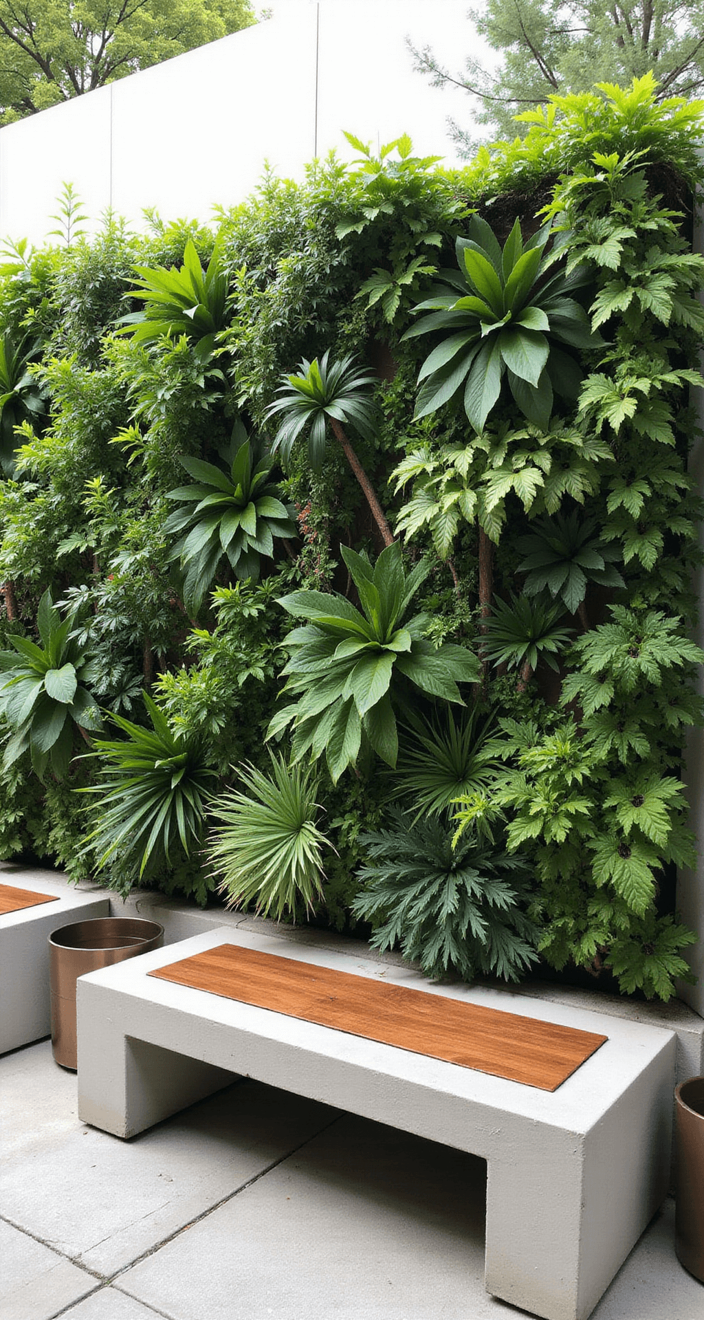 A vertical garden wall featuring mixed tropical foliage in varying shades of green, illuminated by morning light, stands on a contemporary concrete patio. Below, modern concrete benches with teak insets provide seating, with metallic architectural pot groupings enhancing the scene. The photo is captured straight-on to highlight the symmetry and scale of the living wall.