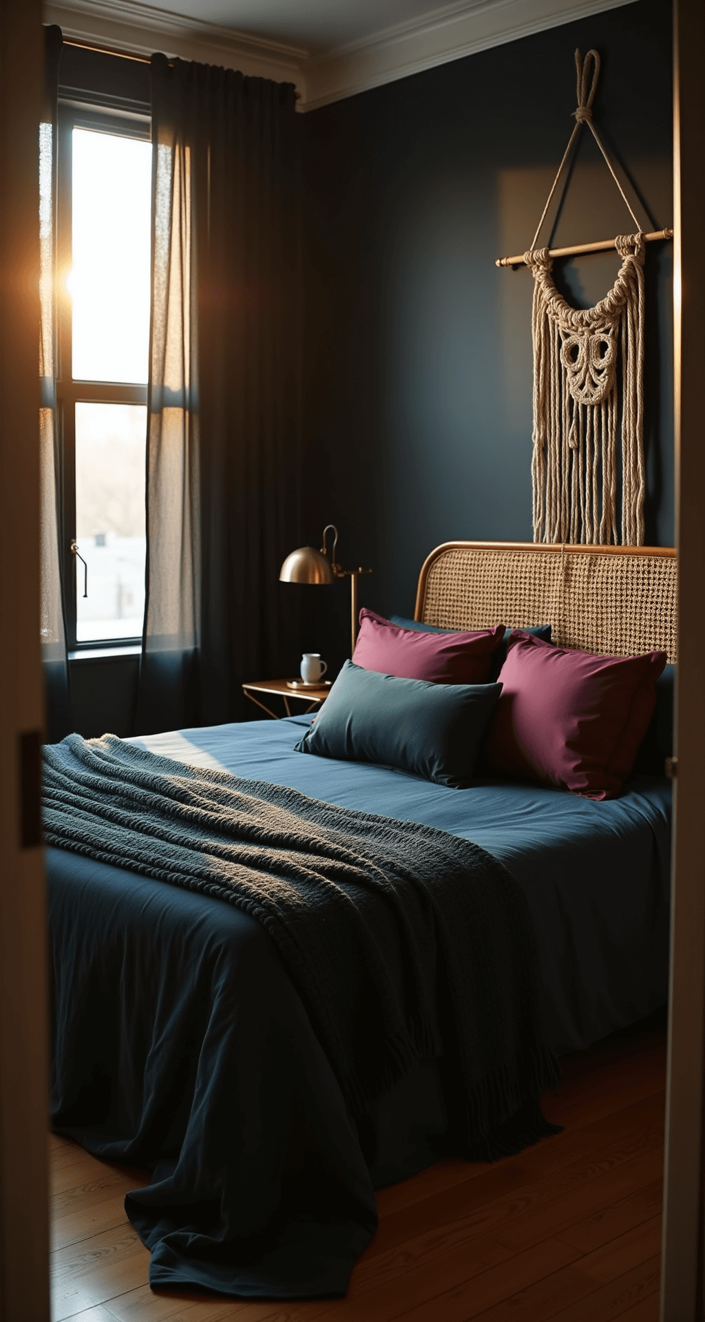 A moody 14x16ft bedroom at golden hour, showcasing sunlight filtering through sheer black curtains, a king-sized bed with a curved rattan headboard, and layered velvet and silk bedding. A dramatic black accent wall sets the backdrop, with a vintage brass floor lamp illuminating warm light and a macramé wall hanging above the bed.