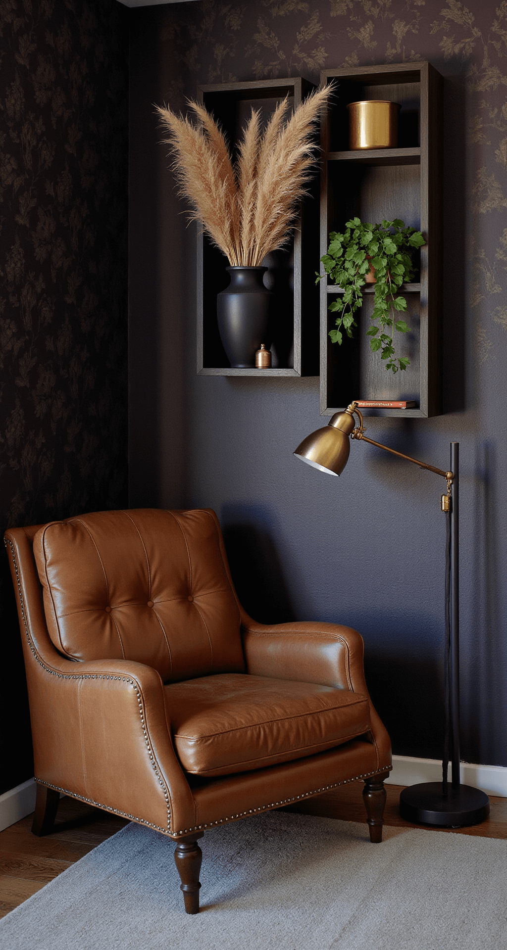 Corner vignette of a dark boho bedroom at dusk featuring a cognac brown vintage leather reading chair, black-stained floating shelves with brass decor and dried pampas grass, a Moroccan-style floor lamp casting shadows, and deep plum wallpaper with a metallic botanical pattern illuminated by moody natural light and warm artificial fill.