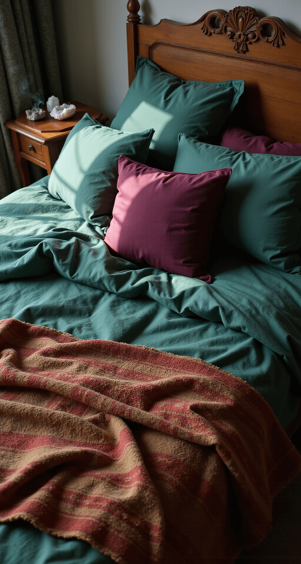 A cozy morning scene from above a rumpled bed with emerald green linen sheets, aubergine velvet pillows, and a vintage Indian throw in deep rust and gold. Natural light illuminates the varied textures, while a carved wooden side table displays crystal clusters and smoking palo santo.