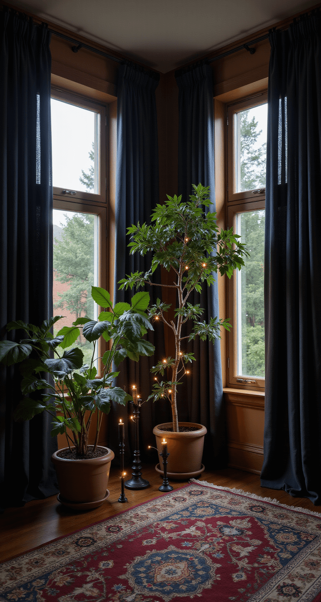Twilight view of 9ft bedroom windows draped in charcoal silk curtains, illuminated by fairy lights entwined in potted monstera and fiddle leaf fig trees, with a vintage Persian rug in navy and burgundy and varying heights of black metal candle holders decorating the space.