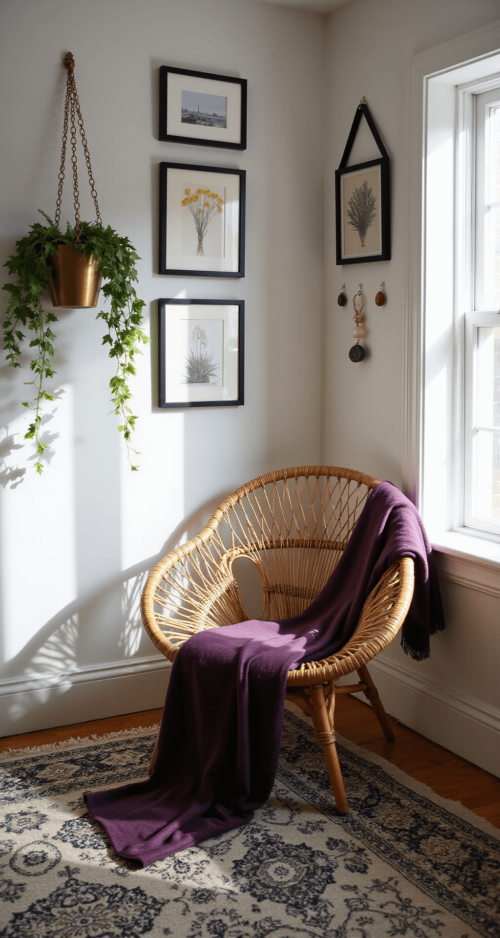 A tranquil bedroom meditation corner featuring a low-profile rattan peacock chair with a deep purple throw, surrounded by layered vintage Moroccan rugs. A brass hanging planter displays trailing ivy, while wall-mounted crystals reflect the early morning light. Black-framed botanical prints adorn the wall, creating a serene gallery.