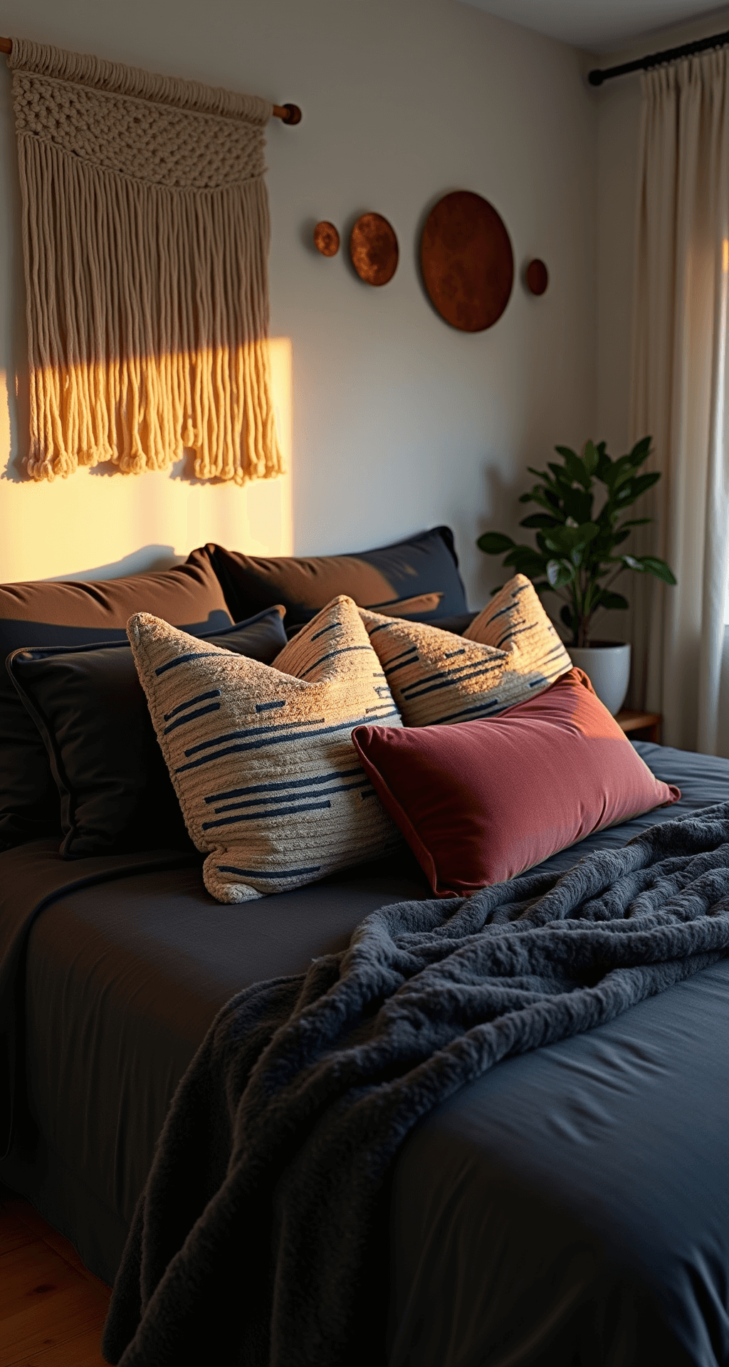 A cozy sunset bedroom featuring a king bed with a black linen duvet, adorned with handwoven indigo throw pillows and burgundy velvet bolsters, complemented by a charcoal faux fur throw. The backdrop includes a large macramé piece and copper moon phases wall art, all illuminated by a warm golden hour glow.