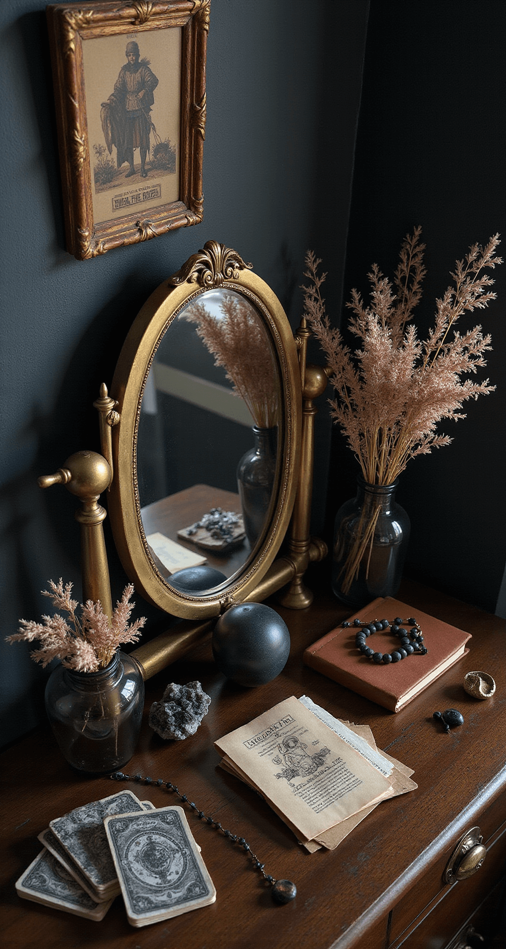 Overhead flat lay of a dark boho vanity scene with an antique brass mirror, dried florals, vintage tarot cards, a black obsidian sphere, and leather-bound journals, all styled on black walls and accented with dark wooden beads and crystal clusters.
