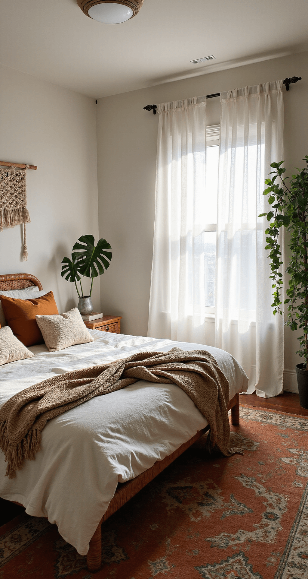 A sunlit modern boho bedroom featuring a rattan platform bed with ivory linen, a vintage Moroccan rug, layered textiles, and potted plants, captured from a low corner angle with soft natural lighting.