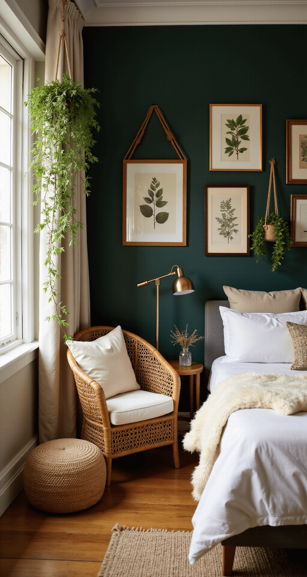 Cozy boho bedroom corner at golden hour featuring a rattan reading chair, brass floor lamp, vintage botanical prints, jute pouf, sheepskin throw, deep forest green wall, cream textiles, and cascading trailing plants in macramé hangers.