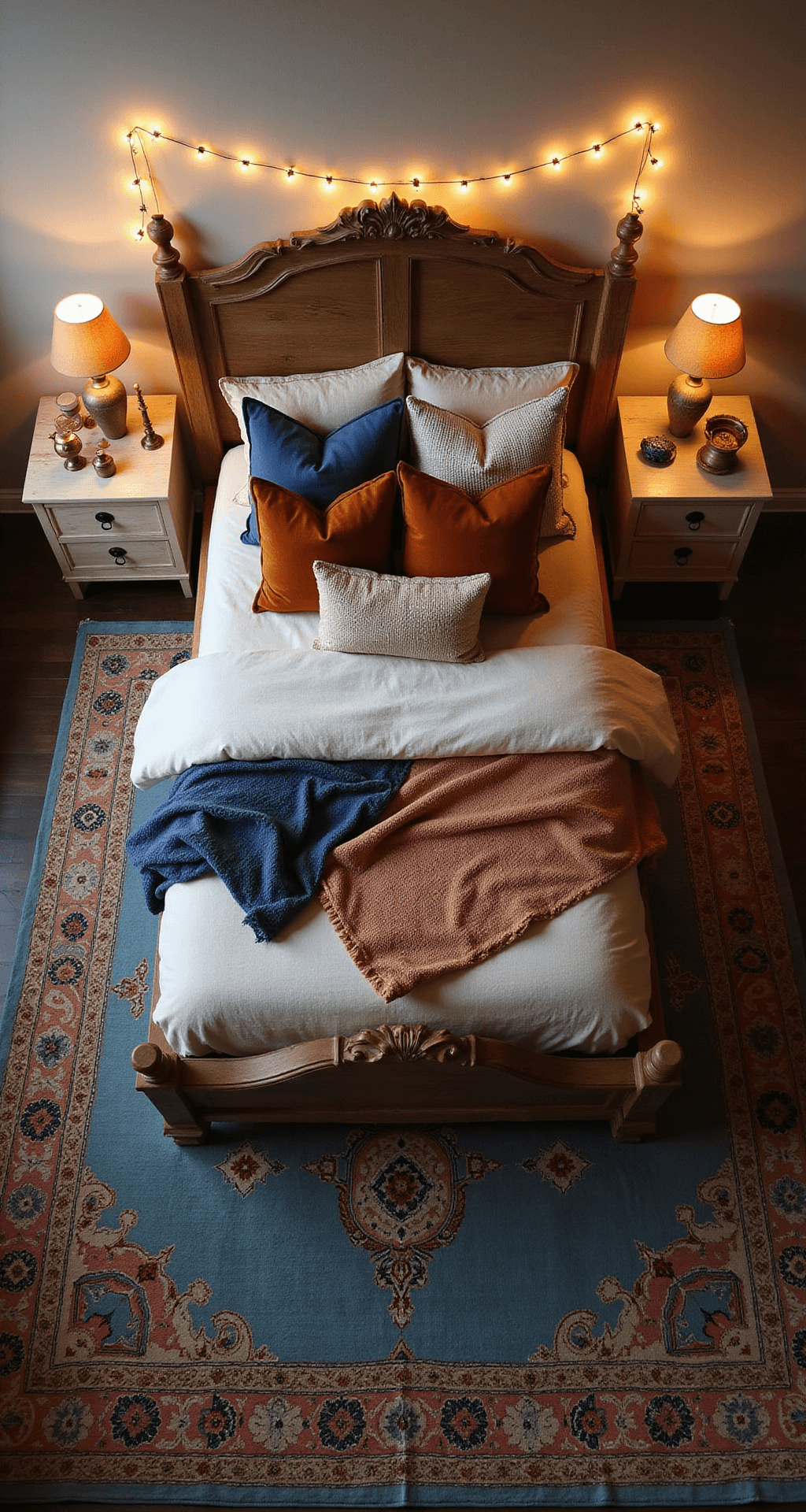 Bird's eye view of a modern boho bedroom at dusk, featuring a carved wooden bed adorned with cream, rust, and indigo textiles, surrounded by string lights. Two bleached oak nightstands hold ceramic vessels and brass candleholders, while a vintage Persian rug in faded blues and terra-cotta tones covers dark hardwood floors.