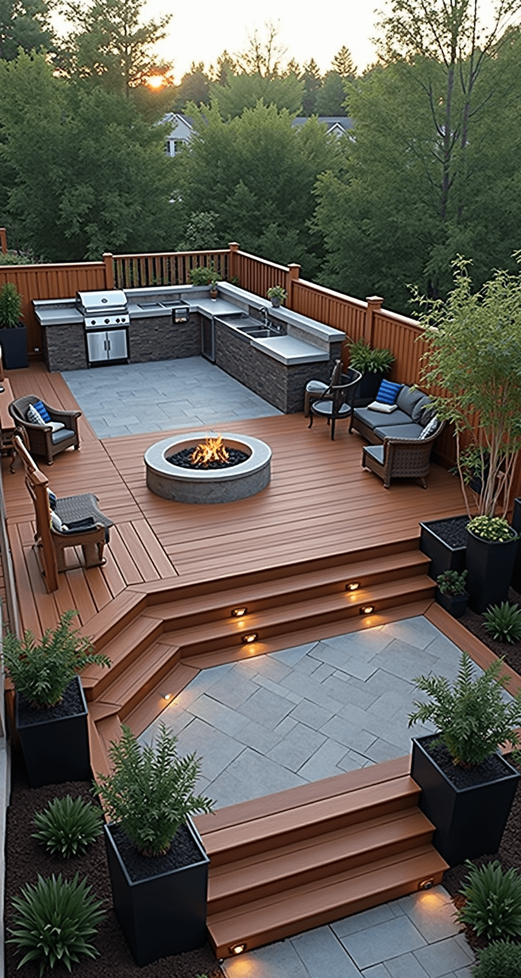 High-angle view of a 30x20ft multi-level entertainment deck in the late afternoon. The upper level showcases a stainless steel outdoor kitchen with bar seating, while the lower level features a conversation pit around a circular concrete fire feature. Wide steps with integrated lighting connect the two levels, and mature bamboo screening in black planters provides clear zone definition.