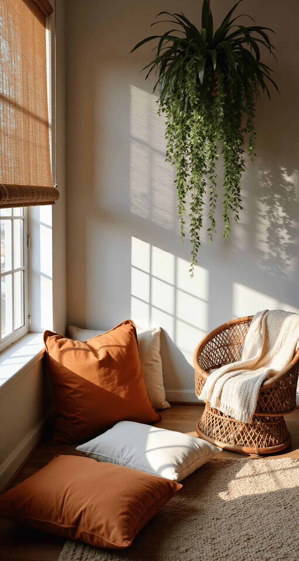 Wide-angle view of a boho bedroom's window wall, featuring floor-to-ceiling windows with bamboo blinds casting geometric shadows over a meditation corner with burnt orange and cream floor cushions, a hanging rattan chair with a chunky knit throw, and multiple hanging plants for an organic curtain effect.