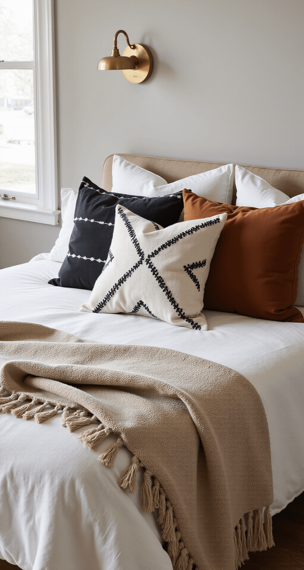 Detail shot of a modern boho bedroom featuring a king-sized platform bed layered with a natural linen duvet, vintage mudcloth pillows, rust-colored velvet bolsters, and a handwoven throw, illuminated by warm brass wall sconces with morning light creating soft shadows.