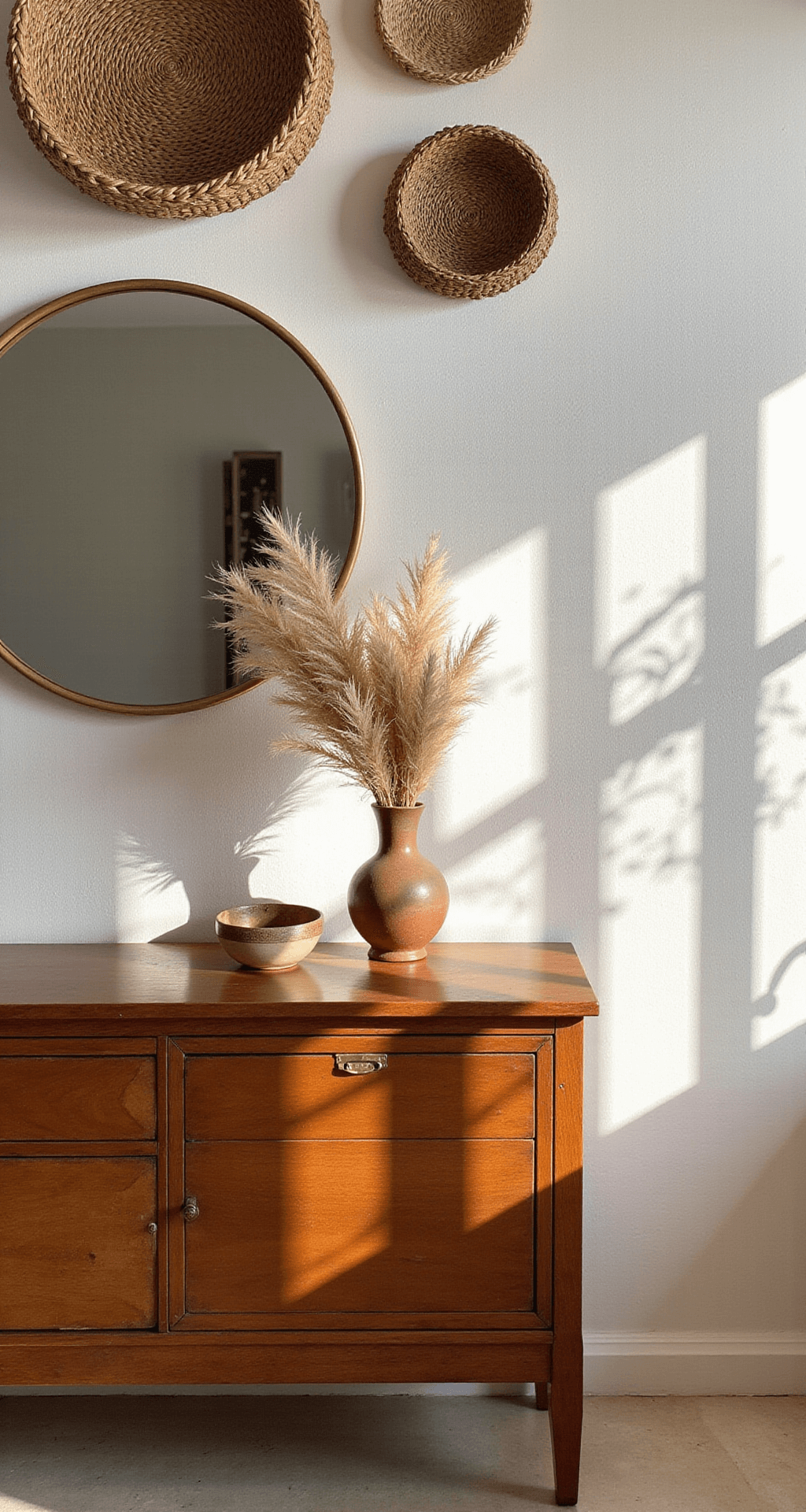 A boho bedroom corner featuring a vintage wooden dresser with a brass mirror, ceramic vessels, and a pampas grass arrangement, complemented by woven wall baskets above, all illuminated by warm afternoon light casting soft shadows on textured white walls.
