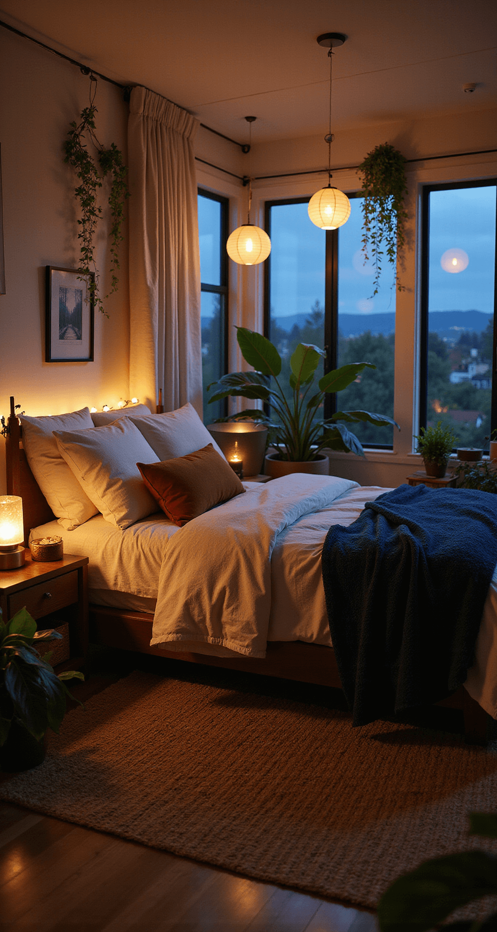 A modern boho bedroom captured at twilight, featuring ambient lighting from brass lamps, a salt lamp, and paper lantern string lights. The bed is adorned with a mix of textured linens in cream, rust, and navy, surrounded by rattan elements and trailing plants silhouetted against deep blue light filtering through the windows. The high ISO creates a moody atmosphere.