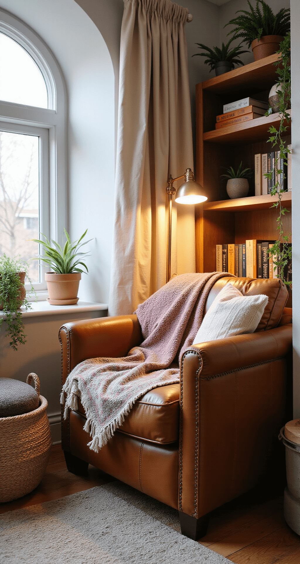 An intimate boho reading nook featuring an oversized cognac leather armchair with a Moroccan wedding blanket, surrounded by textured throws in earthy tones. Natural light filters through sheer curtains of an arched window, illuminating a styled bookshelf with ceramics and trailing plants, and a brass floor lamp providing warm ambient light.
