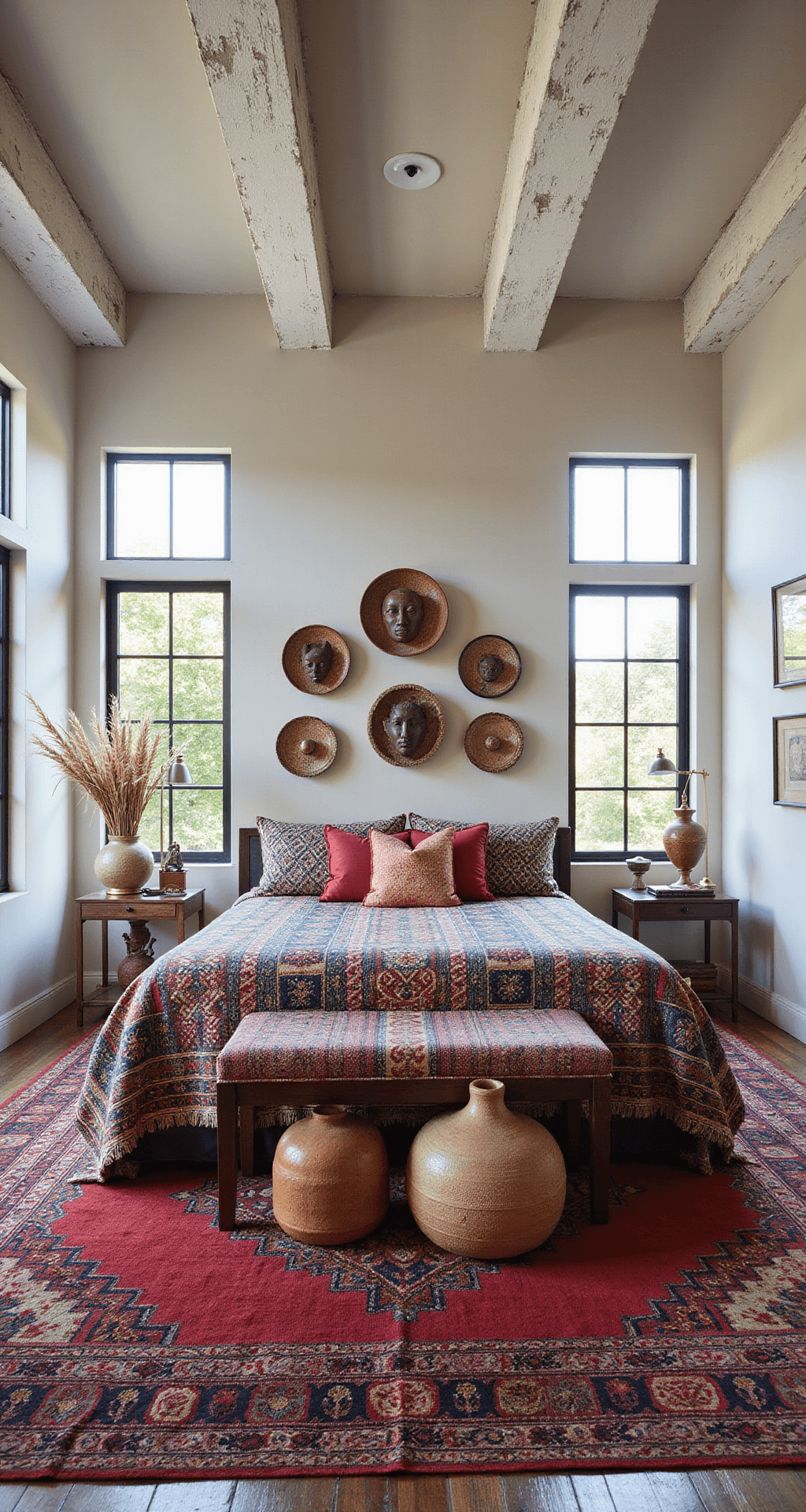 Wide shot of a main bedroom showcasing a global textile collection, featuring a king bed with handwoven Mexican blankets and Indian block print quilts, large windows, a gallery wall of masks and woven baskets, oversized ceramic vases with dried palms, and rich jewel tones against neutral walls, captured during blue hour.