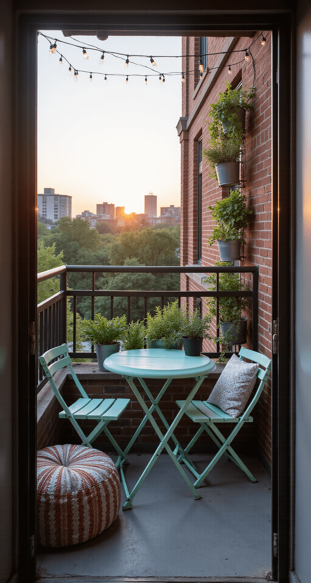 A small urban balcony at sunset featuring a foldable mint steel bistro set, zigzagging string lights overhead, a vertical herb garden on the wall, vintage-style metal planters, and outdoor poufs for seating.