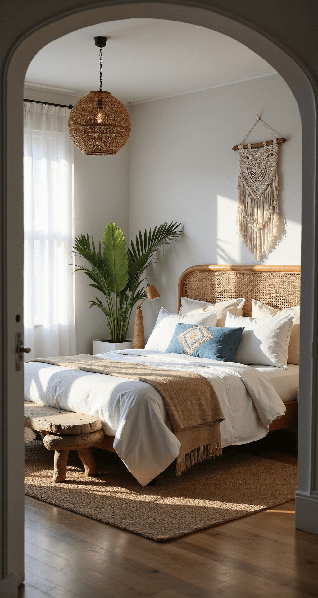 A serene coastal boho bedroom featuring a whitewashed rattan headboard, layered white linens, and mismatched blue pillows, illuminated by golden hour light streaming through gauzy curtains. A jute rug and driftwood bench complete the space, adorned with macramé wall art and potted palms, while a woven pendant light casts intricate shadows.