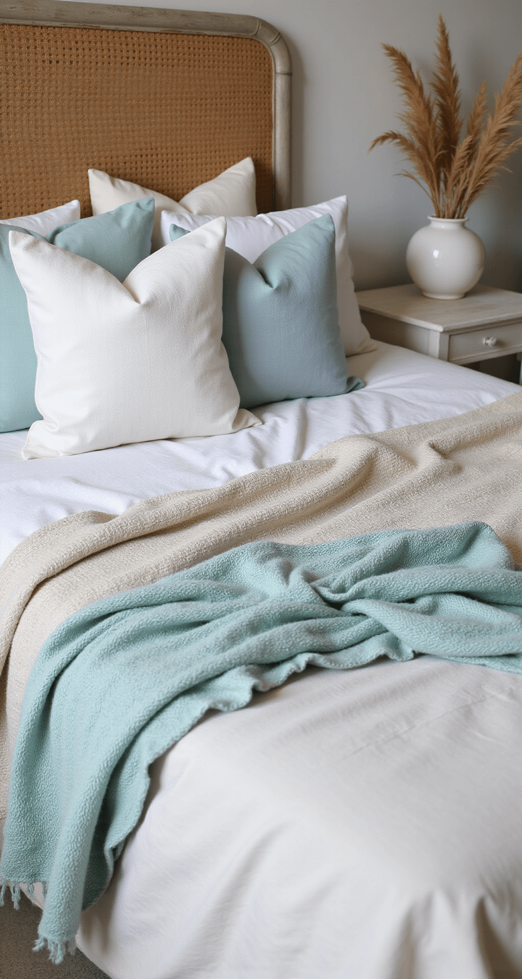 Low-angle detail shot of a coastal boho bed styled with a cream linen duvet and a chunky aqua knit throw, accented by six asymmetrically arranged pillows in varying materials and textures. A rattan headboard catches morning light, while a small ceramic vase of dried pampas grass sits on a whitewashed nightstand, creating an intimate and inviting atmosphere with a dreamy bokeh effect.