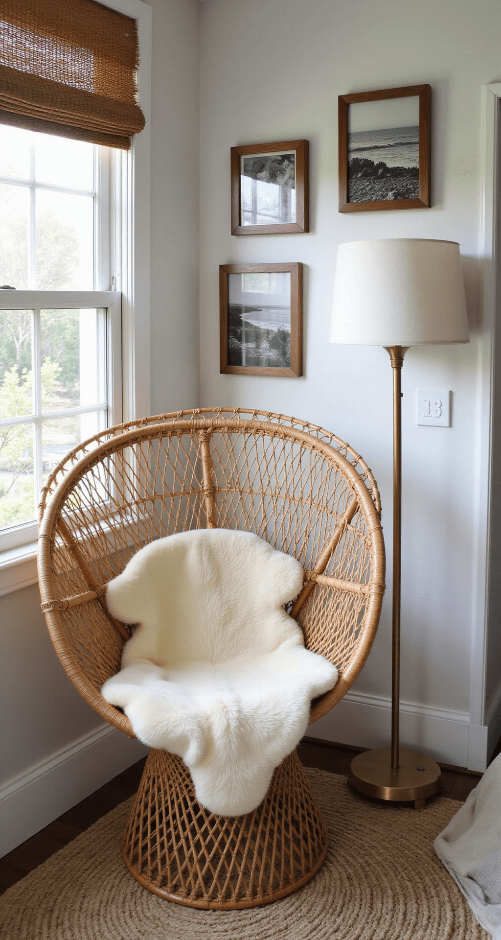 A cozy corner in a boho coastal bedroom featuring a rattan peacock chair with a cream sheepskin throw, a gallery wall of black and white beach photographs, a handwoven round jute rug, and a brass floor lamp, all bathed in mid-morning light filtered through bamboo blinds.
