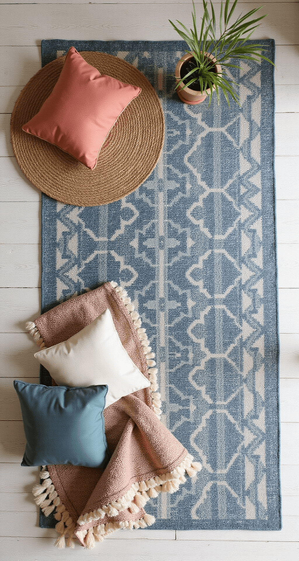 Overhead view of a coastal boho textile arrangement on white oak flooring, featuring a large vintage indigo geometric rug, a round jute rug, tasseled throw pillows in coral and sea foam, a handwoven blanket with shell details, and a macramé plant hanger, all illuminated by natural light.