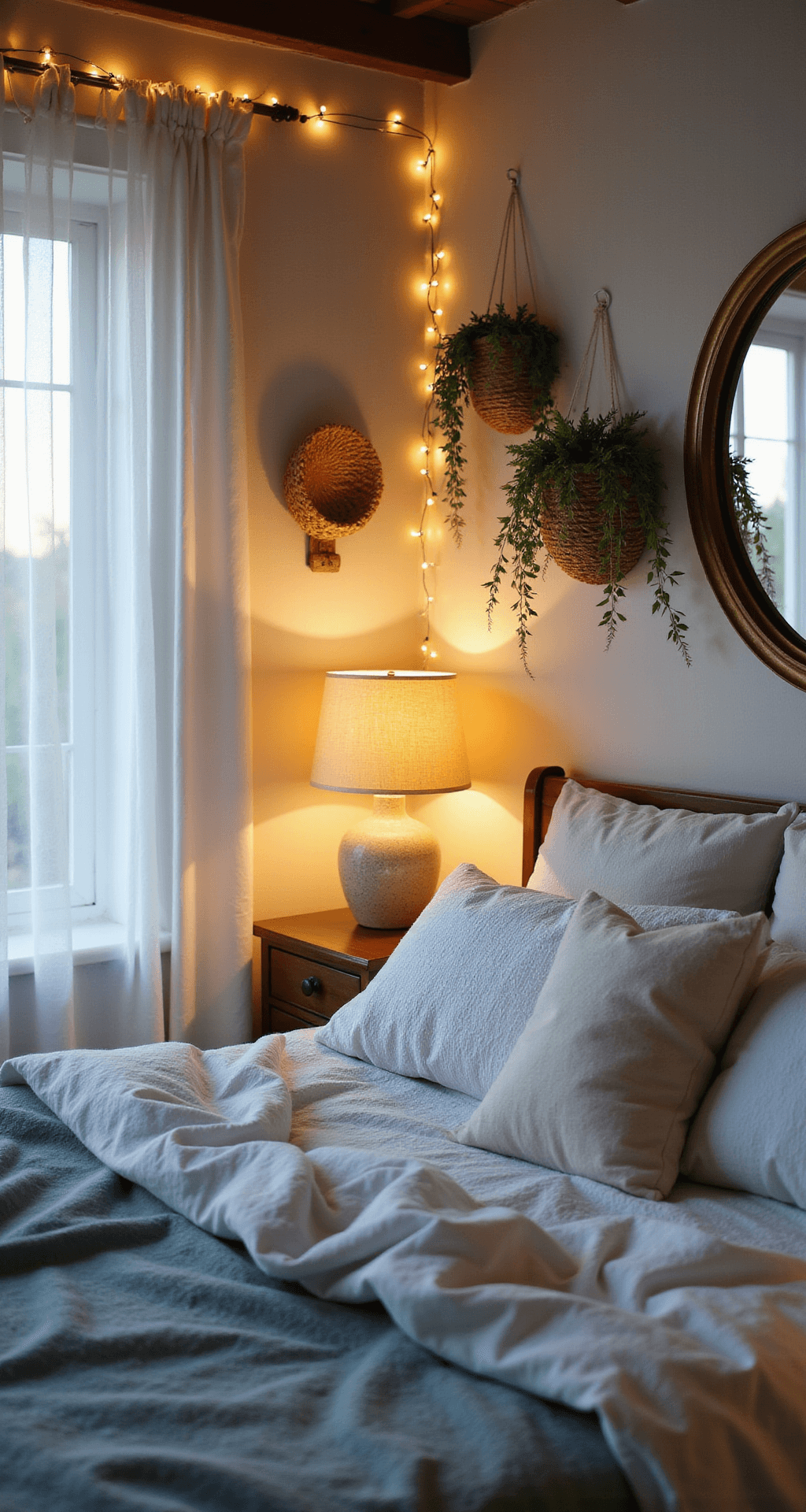 Cozy boho coastal bedroom at twilight, featuring warm ambient lighting from string lights and a ceramic table lamp. White walls glow with golden tones, highlighting woven wall baskets and hanging plants. The bed is adorned with white, cream, and pale blue linens, and a brass mirror reflects a dreamy atmosphere. Shot from a corner for a romantic, moody effect.