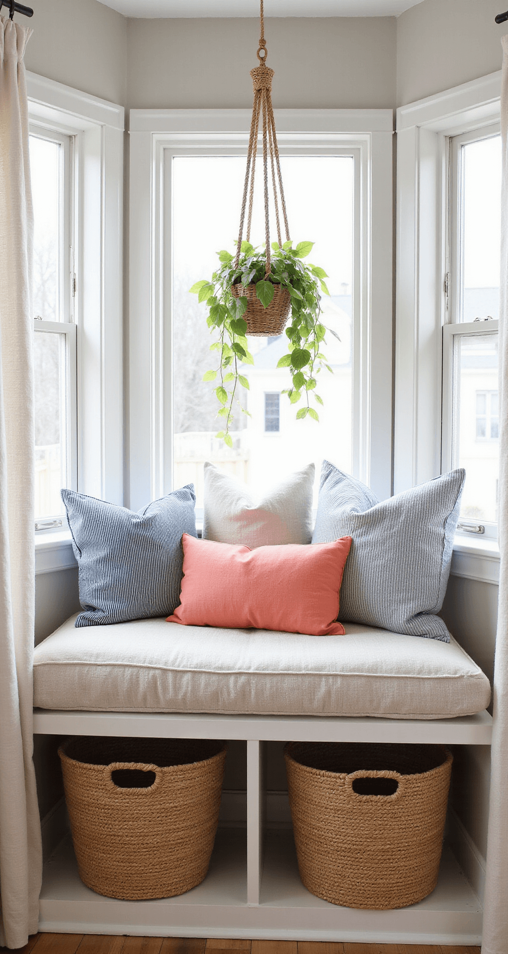 A cozy coastal boho window seat nook featuring white-painted bay windows with flowing linen curtains, a textured cream cushion, blue-striped and coral pillows, rattan baskets below, and a trailing pothos plant in a macramé hanger, all bathed in warm late afternoon light.