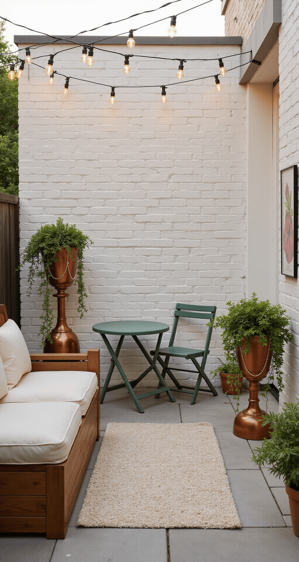 A cozy urban patio at golden hour featuring a matte sage green foldable bistro set against a whitewashed brick wall, surrounded by cascading plants on multi-level copper stands, a weathered teak storage bench with cream cushions, and warm LED string lights overhead, all set on light limestone pavers with a textured ivory outdoor rug.
