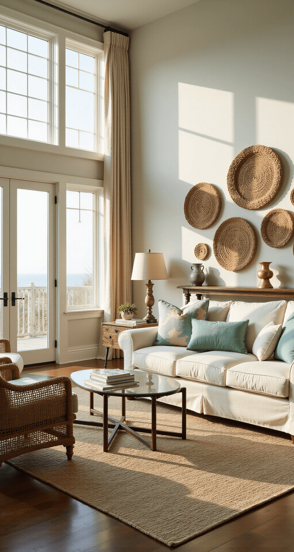 A sunlit coastal living room features a slipcovered white linen sofa with coral and seafoam green pillows, surrounded by large bay windows that let in warm golden hour light. Natural materials like a seagrass rug and rattan chairs complement jute rope wall art above a weathered oak console, creating an elegant, relaxed atmosphere.