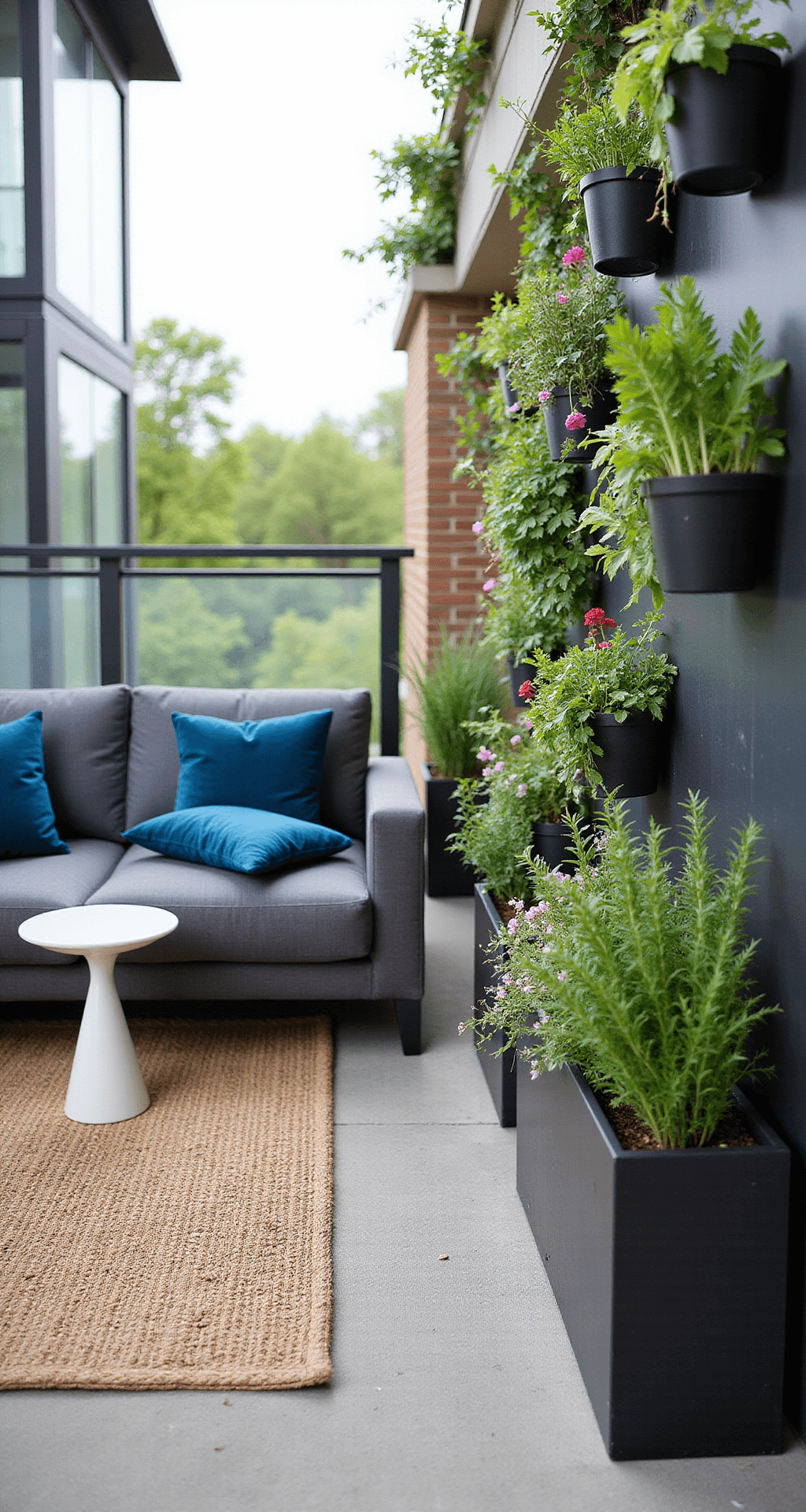 Intimate balcony patio with lush vertical garden, charcoal gray loveseat with marine blue cushions, white ceramic side tables, and jute runner leading to a glass balustrade in soft mid-morning light.